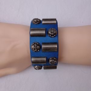 Blue Leather Studded Bracelet Skulls Punk Gothic Whimsigoth Grunge Unisex Party